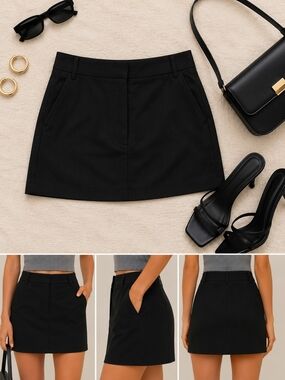 Commense Black A-Line Mini Skirt with Front Pockets